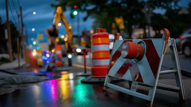 Brightly Lit Work Zone with Colorful Safety Signage