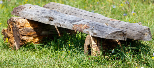 A wooden bench is sitting on the grass