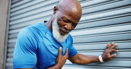 Fitness, chest pain and senior man with heart attack, injury and angina outdoor in city. Breathing...
