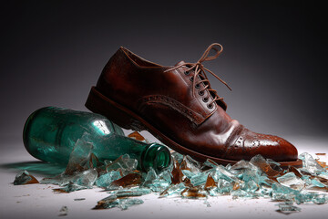 old leather shoes stepped on broken glass of green bottle, the shards scattered