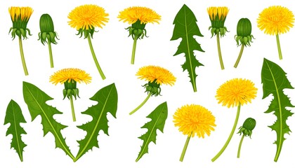 A collection of detailed illustrations showcasing various dandelion flowers, leaves, and buds, arranged in a vibrant display against a plain white background.