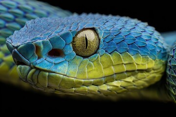 Vibrant blue insularis pit viper snake showcasing its striking features in a close-up view, highlighting its unique coloration and texture in a dark environment