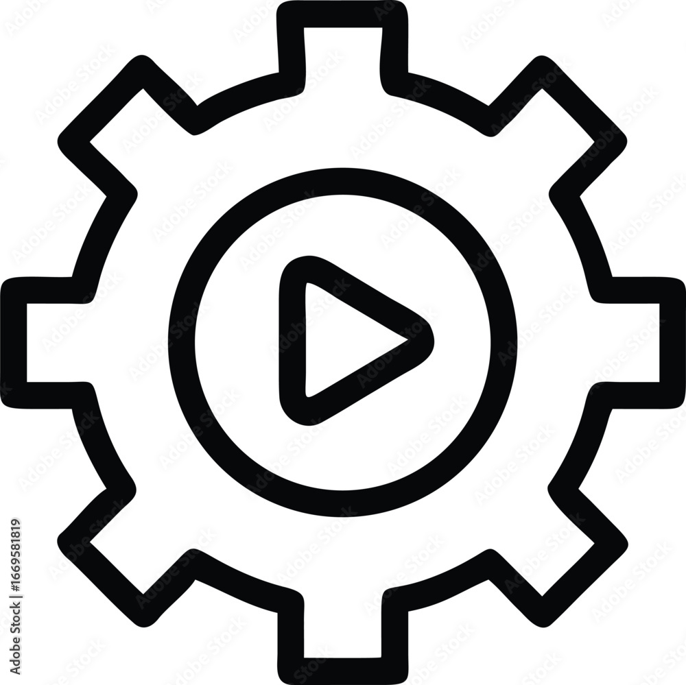 Poster modern gear and play button icon representing automation technology and media playback
