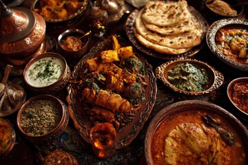 Indian food banquet featuring a variety of traditional dishes arranged beautifully on ornate tableware
