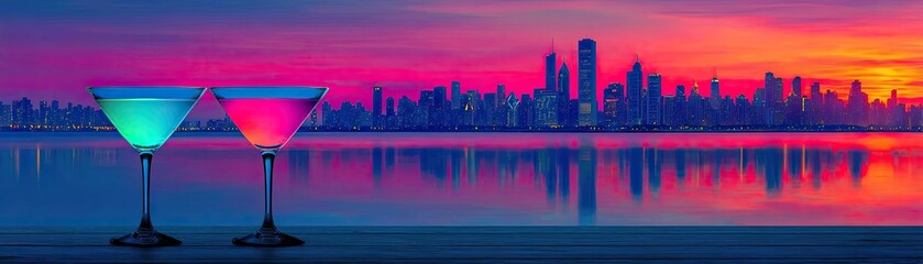 Colorful cocktails displayed on bar counter concept. Colorful cocktails against a vibrant city skyline at sunset.