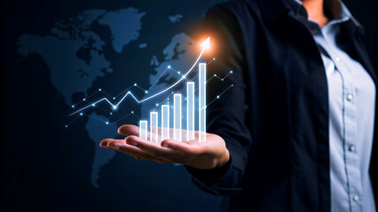 Confident businesswoman showcases global financial growth with rising stock chart and upward arrow, symbolizing success and expansion