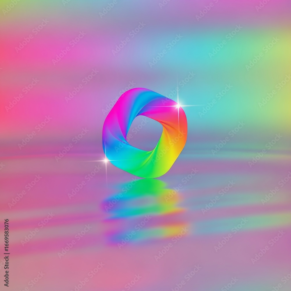 Aufkleber a colorful twisted torus shape with sparkles on a reflective pastel gradient background design art