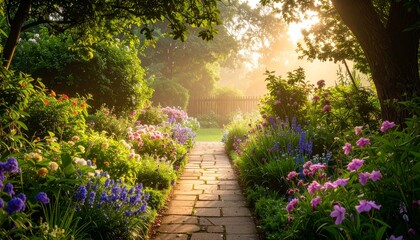 Serene Greeting Card Design with Foggy Morning Garden and Delicate Floral Accents
