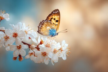 Obraz premium Bright butterfly resting on delicate white blossoms under a serene spring sky filled with soft pastel hues at midday