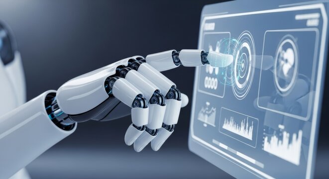 A robotic hand interacts with a digital touchscreen displaying various data and graphs. The scene illustrates advanced technology and automation concepts.