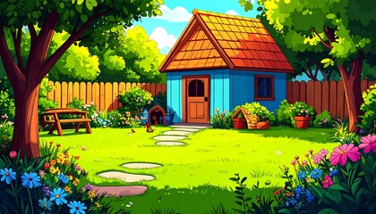 Cartoon Garden Scene with Blue House.