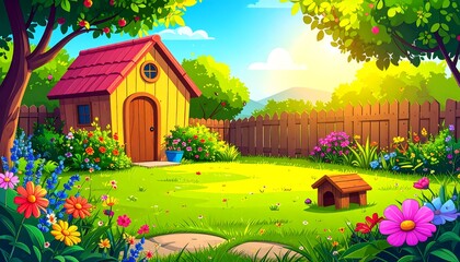 Cartoon garden scene with house  flowers.