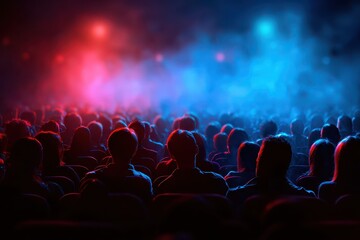 Audience engaged in presentation illuminated by dynamic blue and red stage lights at an indoor venue during evening event