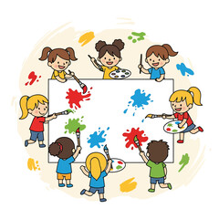 Naklejka premium A diverse group of happy cartoon children painting colorful splatters on a large blank canvas.