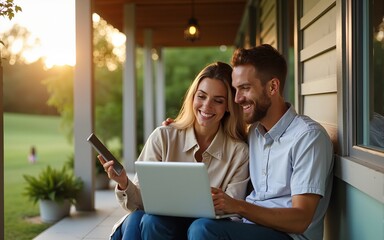 Young stylish couple work or spend leisure time with laptop computer and digital tablet on porch of their country house. Concept of remote work at cozy home atmosphere. High quality
