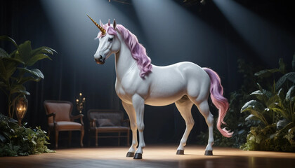 Elegant White Unicorn with Pink Mane in Dramatic Staged Studio Setting
