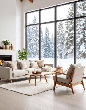 Fototapeta Modern living room with large window showcasing snowy forest