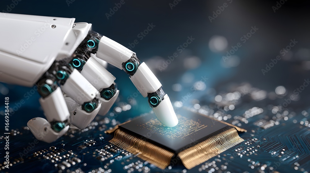 Poster a futuristic robotic arm assembling microchips in a clean laboratory environment with glowing blue a