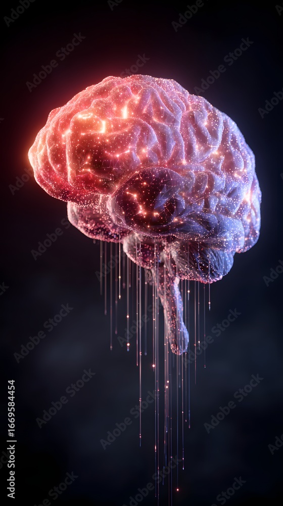 Poster a glowing digital brain composed of circuit patterns floating in a dark gradient background, represe