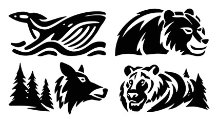 Fototapeta premium Black Silhouettes of Wildlife Including Bear, Wolf, and Moose Designs