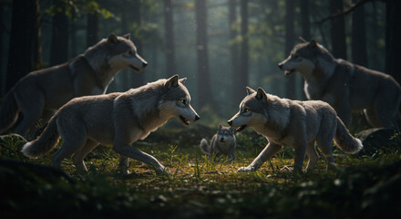 Wolf Pack Staring in Forest Ground with Green Grass and Trees