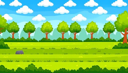Cartoon green landscape with trees and sky. (1)