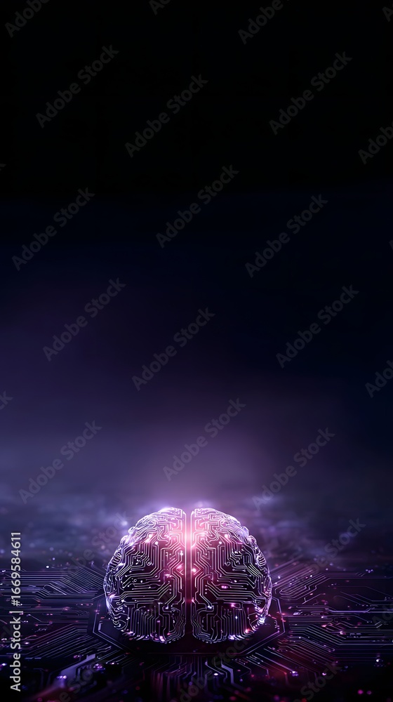 Poster a glowing digital brain composed of circuit patterns floating in a dark gradient background, represe