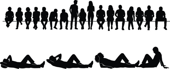 Group of people sitting, relaxing, lying down, silhouettes on white background, casual poses, friendship, social interaction, diverse community, leisure lifestyle, teamwork, resting moments © Hello World