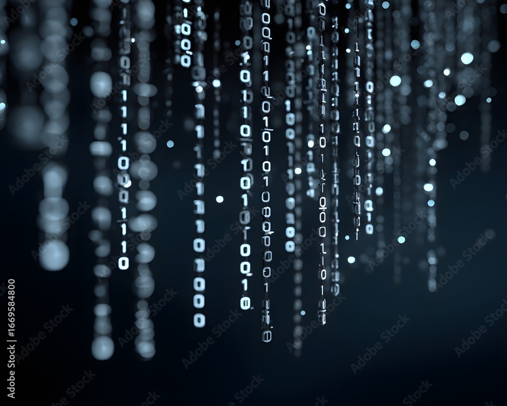 Poster abstract ai data flow visualization with glowing binary code streams and network nodes on dark blue 