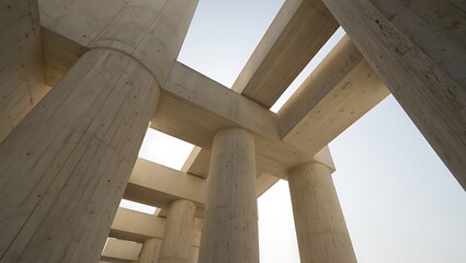 Fototapeta premium Looking up through ancient stone pillars and beams against a bright sky