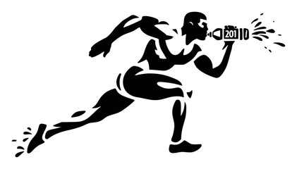 Obraz premium Dynamic Athlete Running with Water Bottle for Fitness and Activity