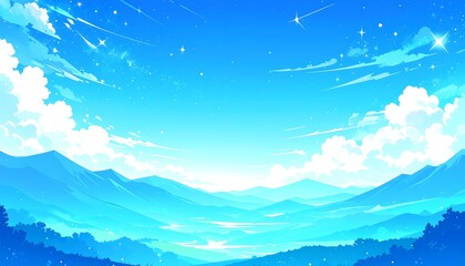 Cartoon landscape of mountains and sky.