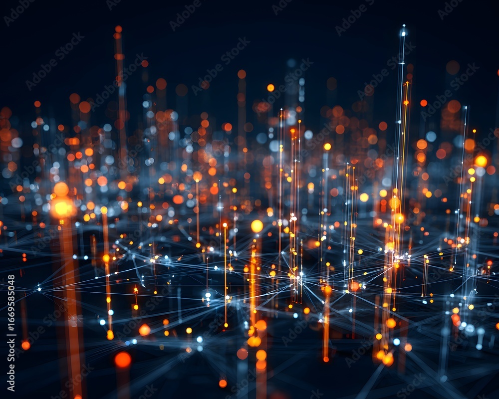 Poster abstract ai data flow visualization with glowing binary code streams and network nodes on dark blue 