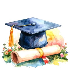 A vibrant watercolor illustration depicts a graduation cap and diploma, signifying academic achievement.
