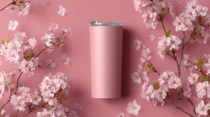 Pink tumbler surrounded by cherry blossoms on a blush pink background