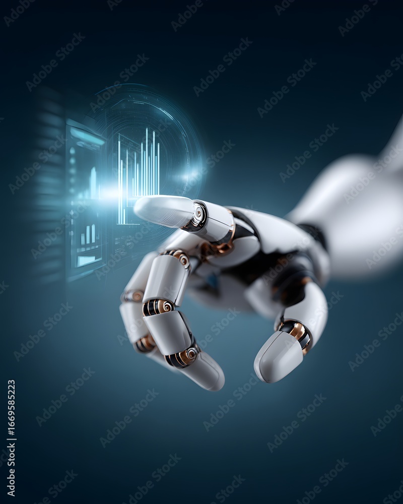 Poster a humanoid robot hand reaching toward a holographic interface with data charts, symbolizing machine 
