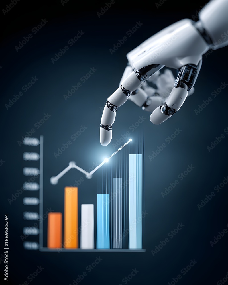 Aufkleber a humanoid robot hand reaching toward a holographic interface with data charts, symbolizing machine 