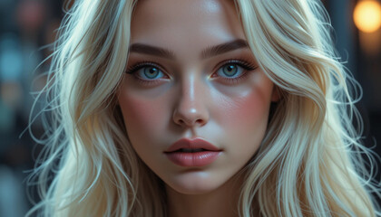 Portrait of Fair Haired Woman with Serene Blue Eyes Looking Forward