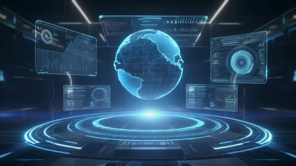 A stunning high-tech visual featuring a holographic projection of Earth at the center of a futuristic digital interface. Surrounded by interactive data panels, graphs, and abstract blue UI elements - Powered by Adobe