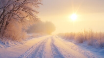 Winter sunrise over snowy country road with frosty trees