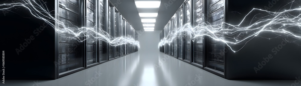 Poster a server room with illuminated racks, overlay of glowing neural network lines, ai technology and aut