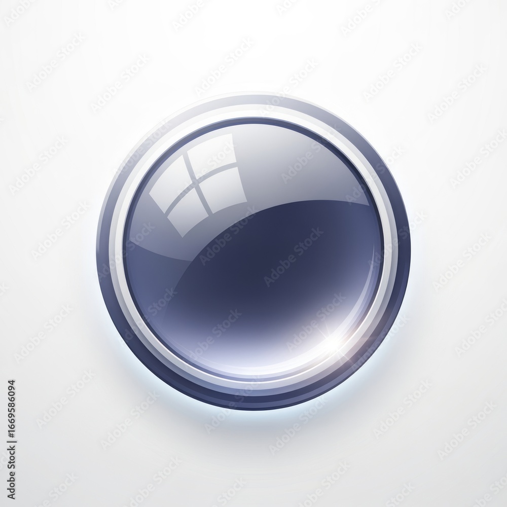 Poster a glossy dark blue button with a metallic border on a white background with visible reflections