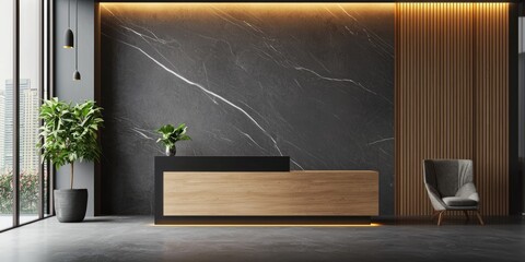 Office lobby background with reception desk and branding Stock photo