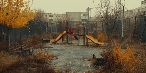 In a post-apocalyptic setting, the once-thriving schoolyard has been overgrown and abandoned, its once-lively playground now consumed by wild vegetation.