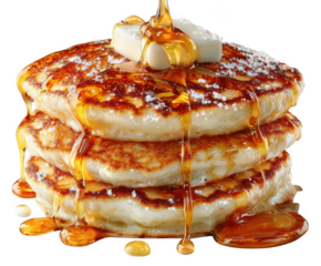Stack of golden brown pancakes with syrup and butter isolated on transparent background