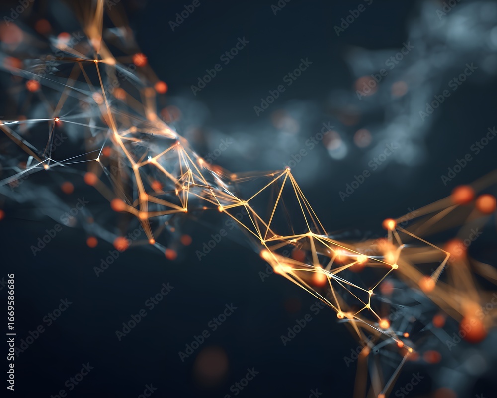 Poster abstract visualization of deep learning with interconnected glowing lines and nodes on a gradient te