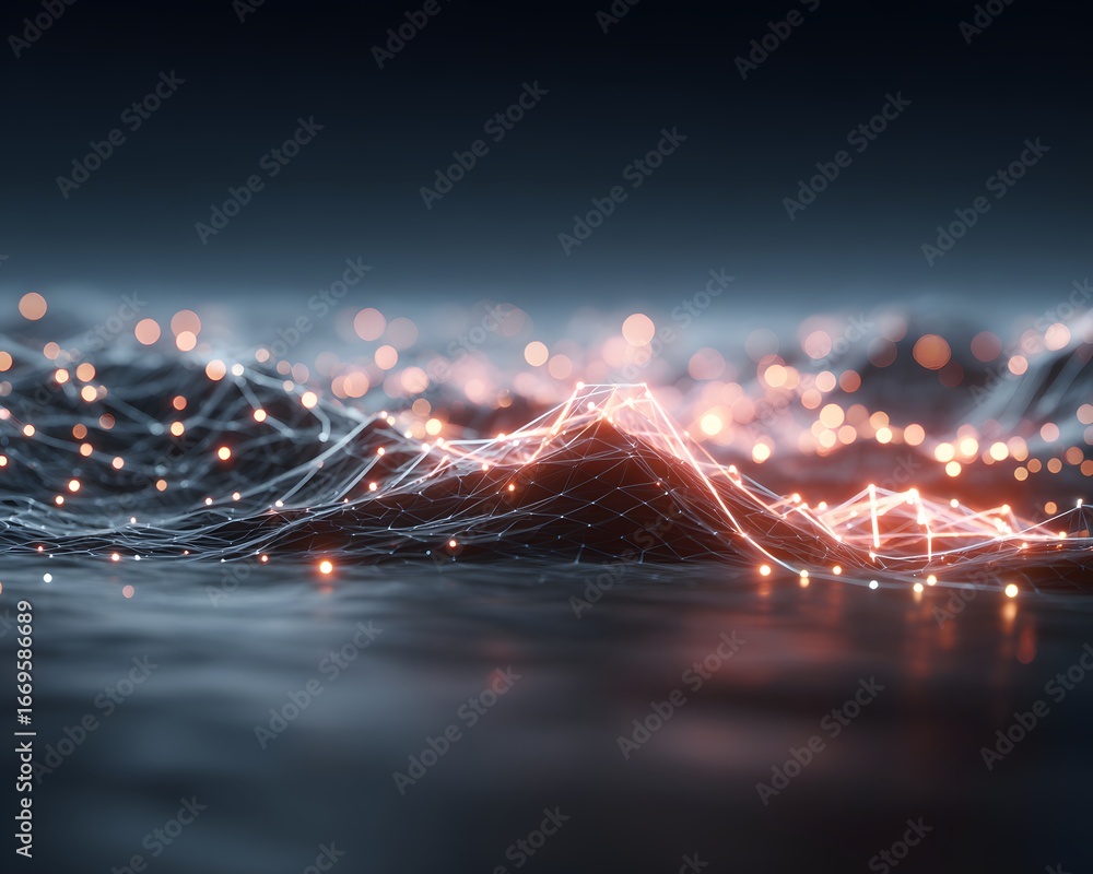 Poster abstract visualization of deep learning with interconnected glowing lines and nodes on a gradient te