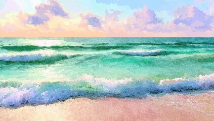 Obraz premium A serene beach scene displays waves meeting the shore under a pastel sky with soft clouds, depicted in an impressionistic style