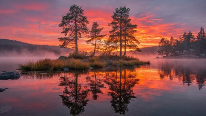 Fiery sunrise reflects on tranquil lake, island trees silhouetted in mist