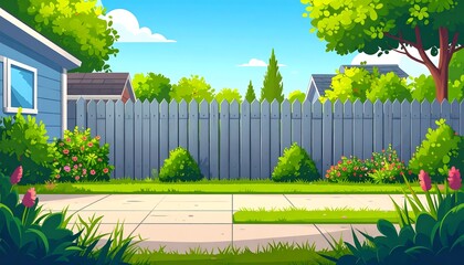 Cartoon suburban backyard with sunny scene.